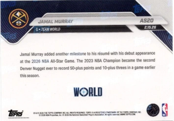 2025 Topps Now Jamal Murray #AS20 Platinum Member Stamp 2026 NBA All Star 1st Selection Denver Nuggets Basketball Card - Image 2
