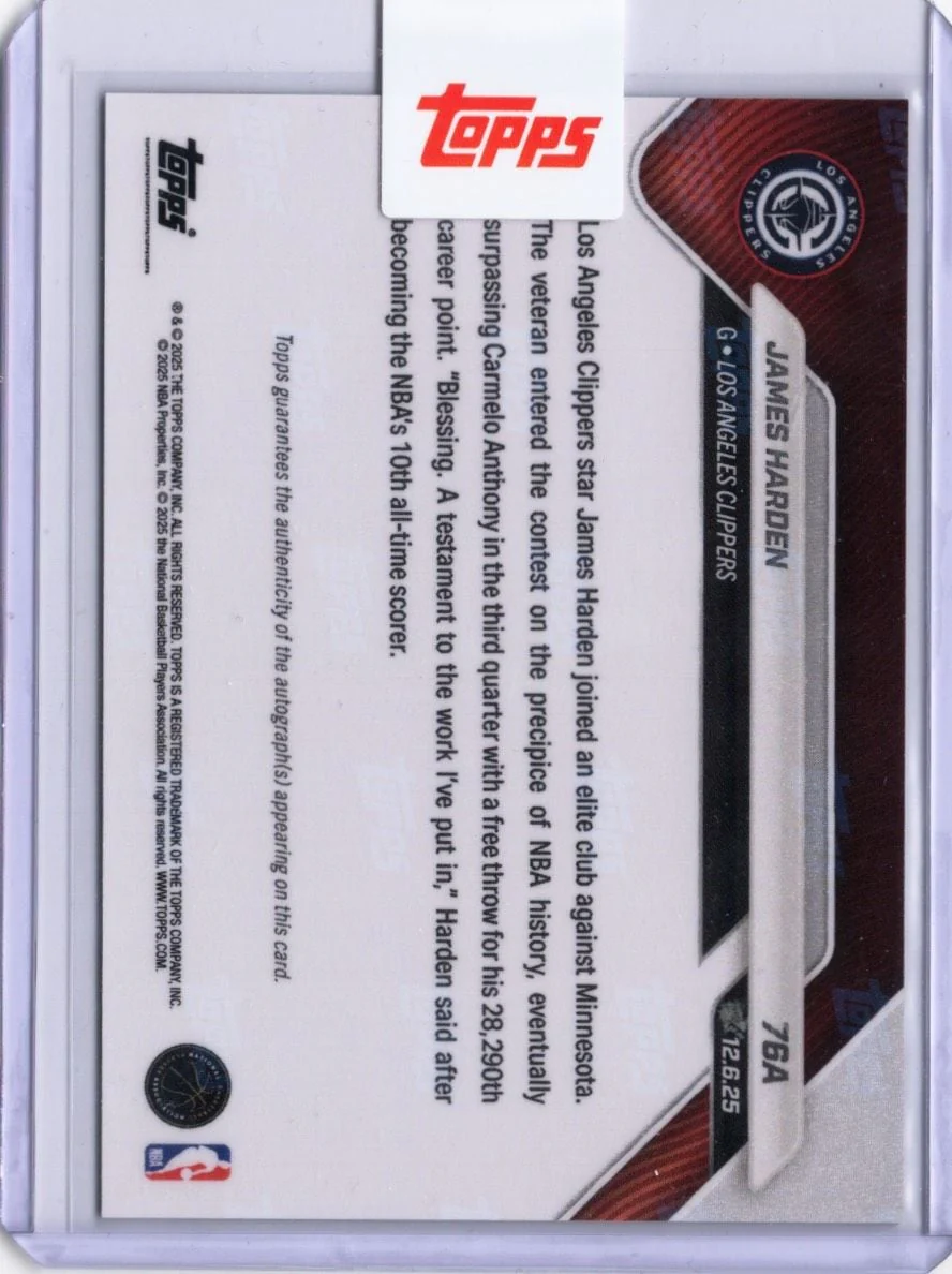 2025 Topps Now James Harden #76A Black Foil Auto /10 'The Beard' Enters Top 10 of NBA All Time Scorers Los Angeles Clippers Basketball Card - Image 2