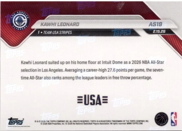 2025 Topps Now Kawhi Leonard #AS19 Platinum Member Stamp 2026 NBA All Star 7th Selection Los Angeles Clippers Basketball Card - Image 2