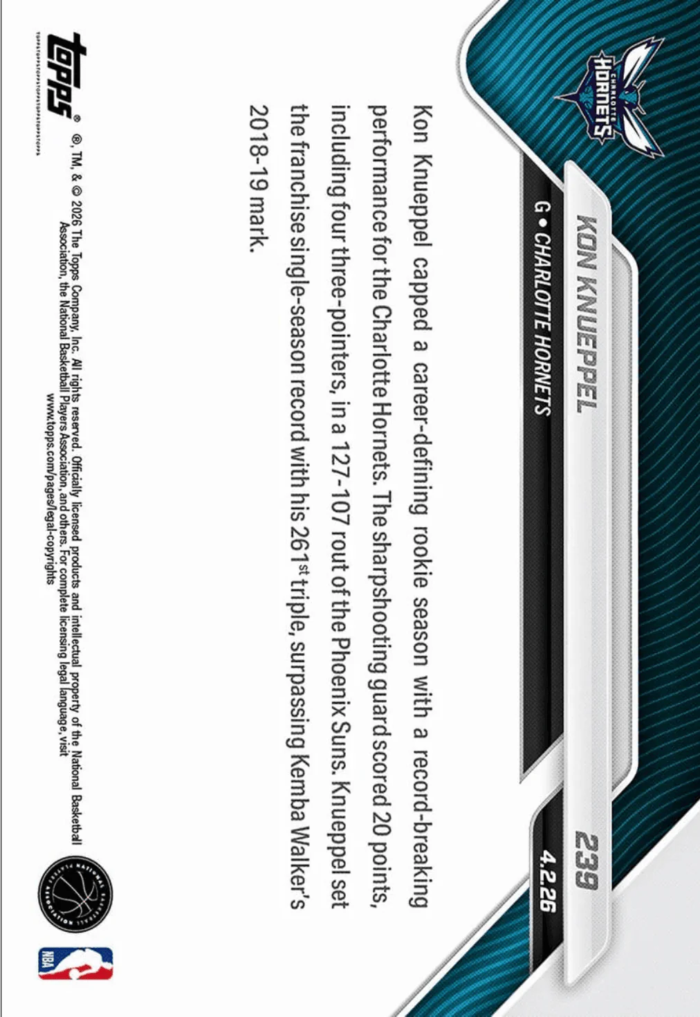 2025 Topps Now Kon Knueppel #239 Gold Foil Triple Threat: 261st 3PM Sets New Franchise Record Charlotte Hornets Rookie RC Basketball Card - Image 2