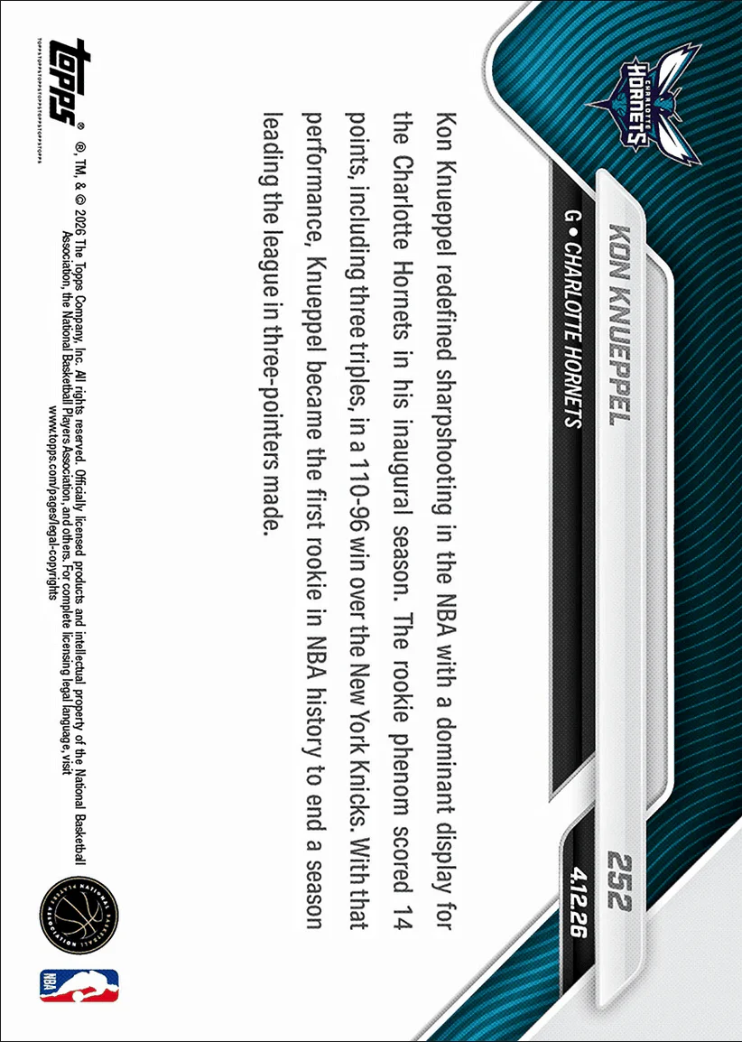 2025 Topps Now Kon Knueppel #252 1st Rookie in NBA History to Lead League in 3PM Charlotte Hornets Rookie RC Basketball Card - Image 2
