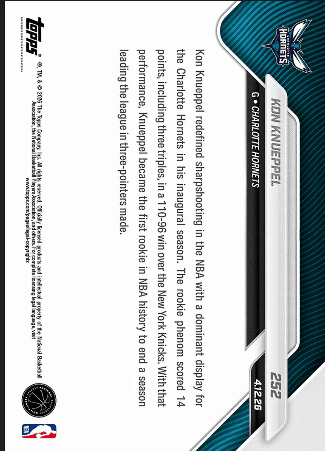 2025 Topps Now Kon Knueppel #252 Red Foil /5 1st Rookie in NBA History to Lead League in 3PM Charlotte Hornets Rookie RC Basketball Card - Image 2