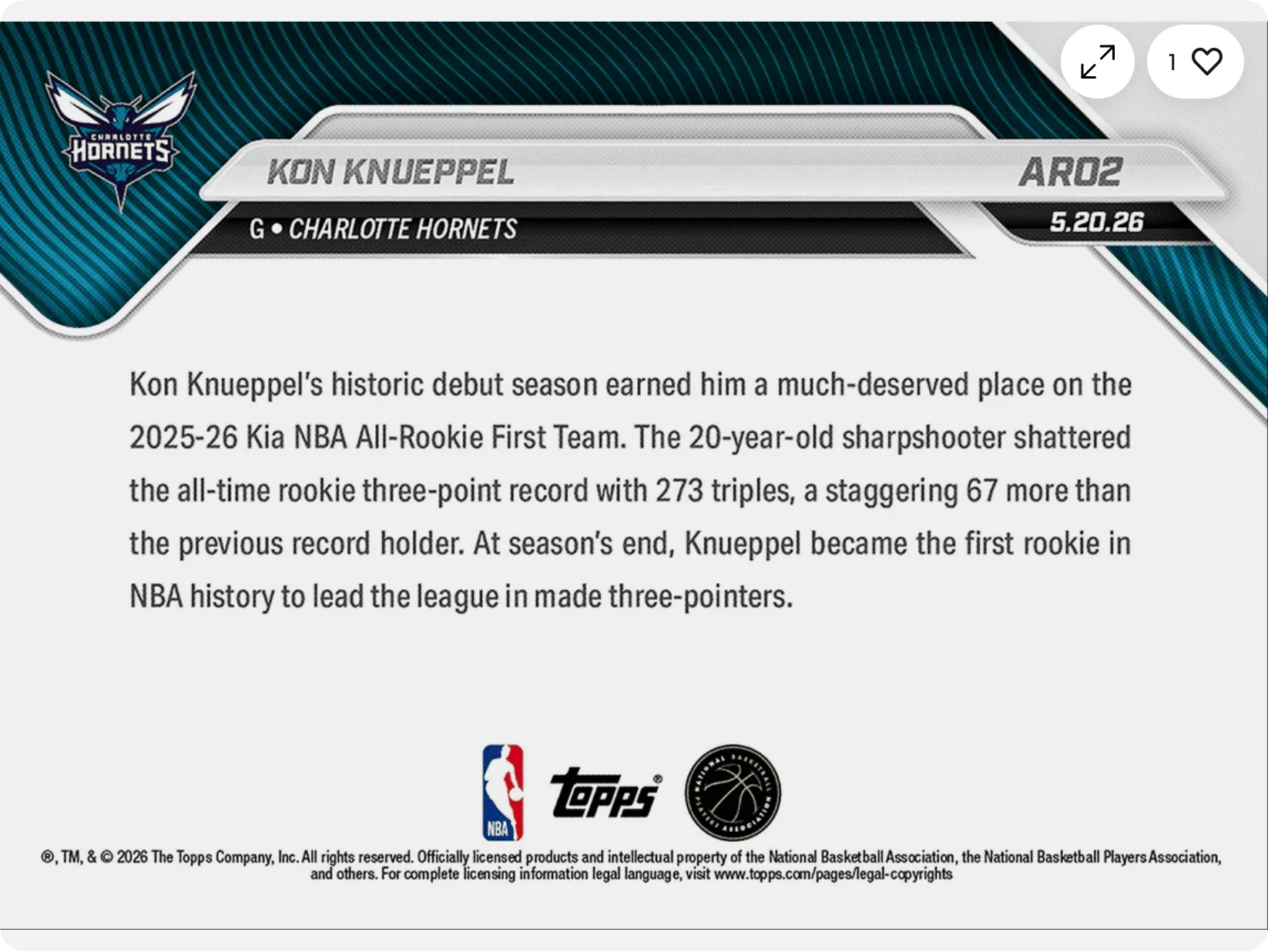 2025 Topps Now Kon Knueppel #AR02 Black Foil /10 2025-26 KIA NBA All Rookie First Team Selection Charlotte Hornets Rookie RC Basketball Card - Image 2