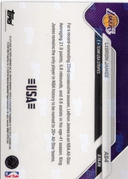 2025 Topps Now LeBron James #AS4 Platinum Member Stamp 2026 NBA All Star 22nd Selection Los Angeles Lakers Basketball Card - Image 2