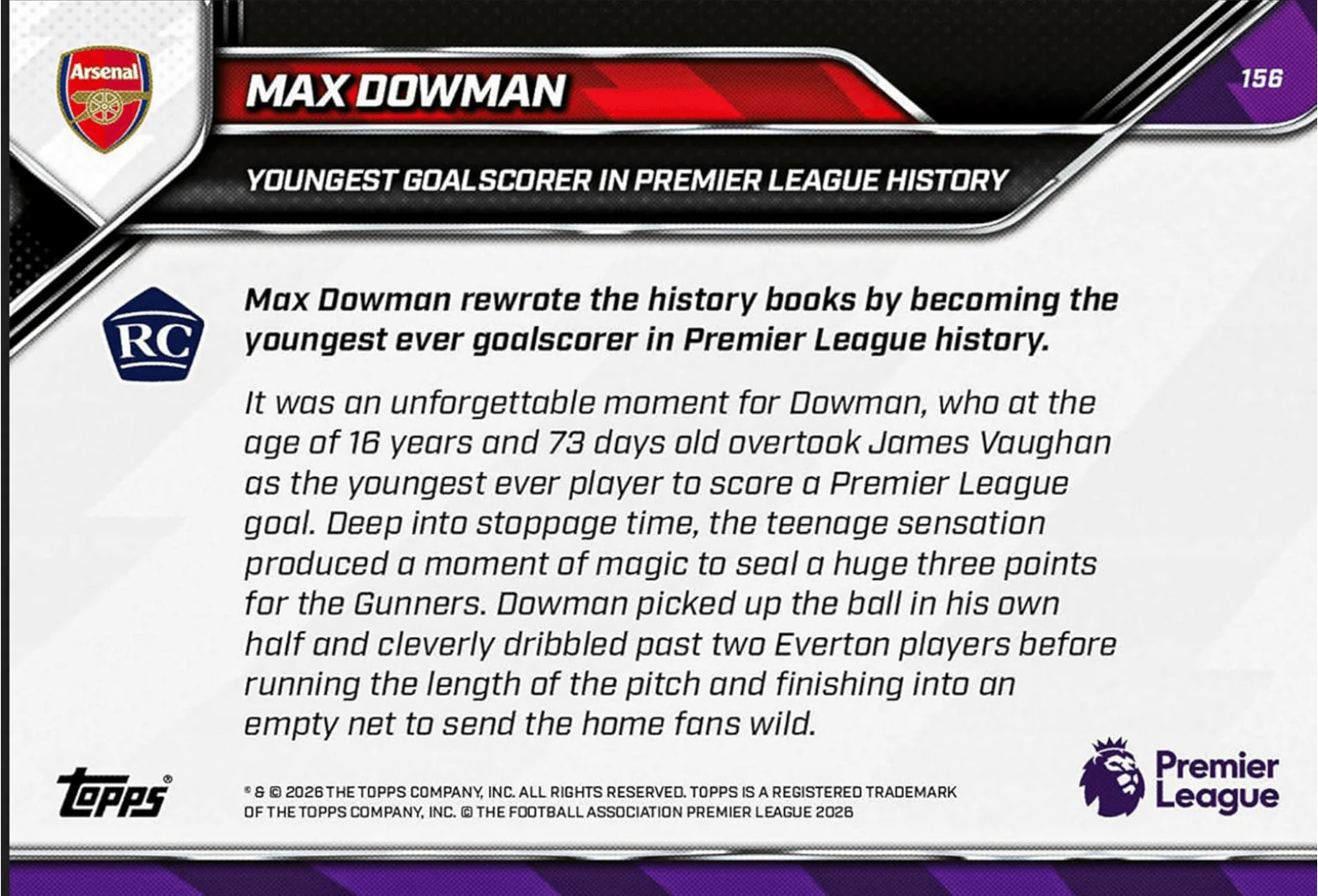 2025 Topps Now Max Dowman #156 Youngest Goalscorer in Premier League History Arsenal Rookie RC Soccer Card - Image 2