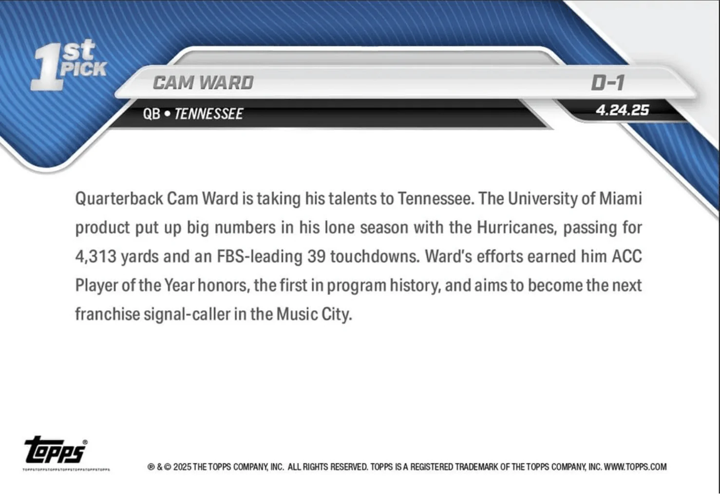 2025 Topps Now NFL Cam Ward #D1 Draft Tennessee Titans Rookie RC Football Card - Image 2