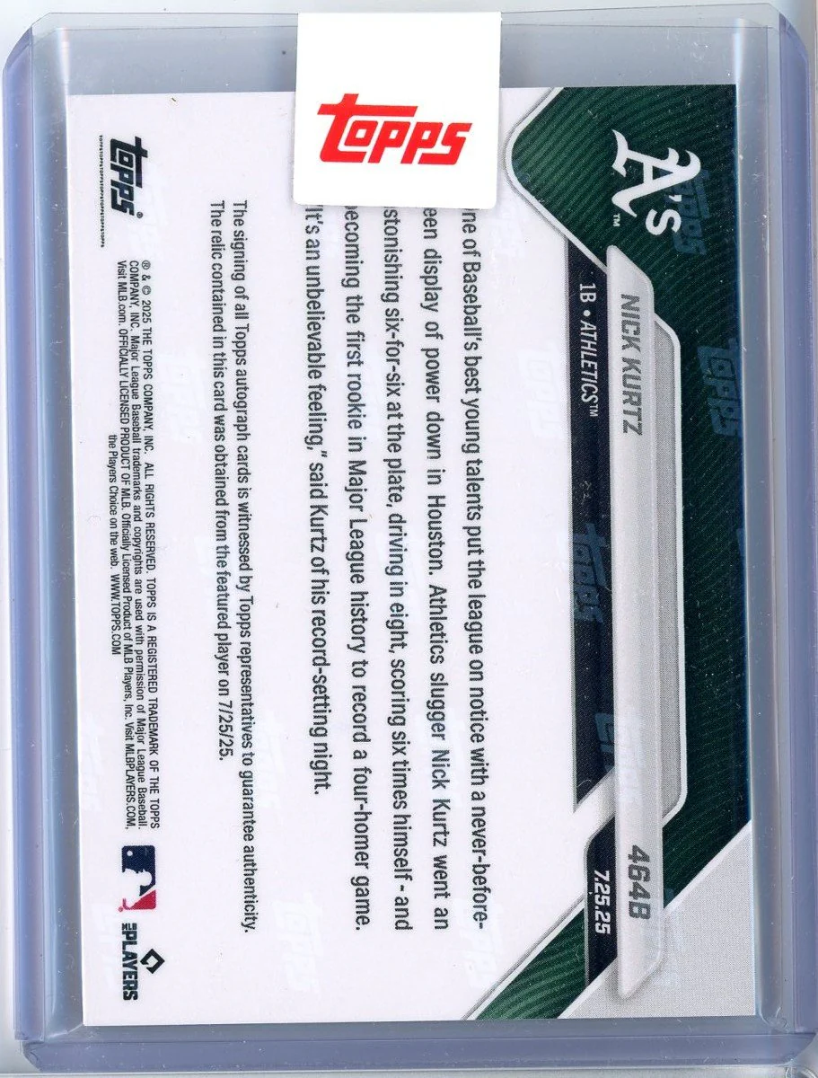2025 Topps Now Nick Kurtz #464B Black Auto Pants Relic /10 1st Rookie in MLB History with A 4 Homer Game Athletics Rookie RC Baseball Card - Image 2