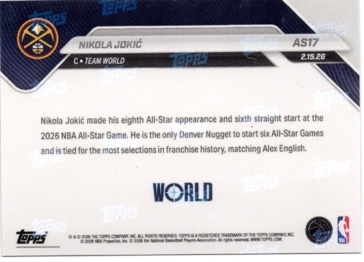 2025 Topps Now Nikola Jokic #AS17 Platinum Member Stamp 2026 NBA All Star 8th Selection Denver Nuggets Basketball Card - Image 2