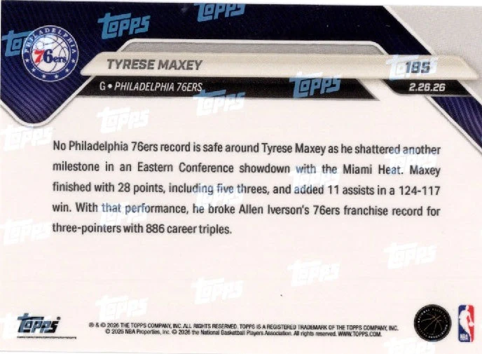 2025 Topps Now Tyrese Maxey #185 Orange Foil /25 Philadelphia 76ers Basketball Card - Image 2