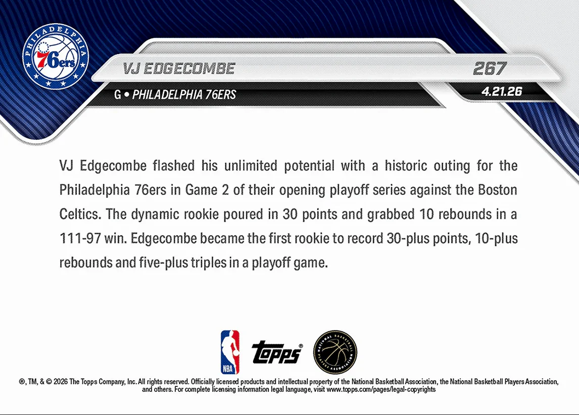2025 Topps Now VJ Edgecombe #267 1st Rookie Ever with 30/10 + 5 3PM in Playoff Game Philadelphia 76ers Rookie RC Basketball Card - Image 2