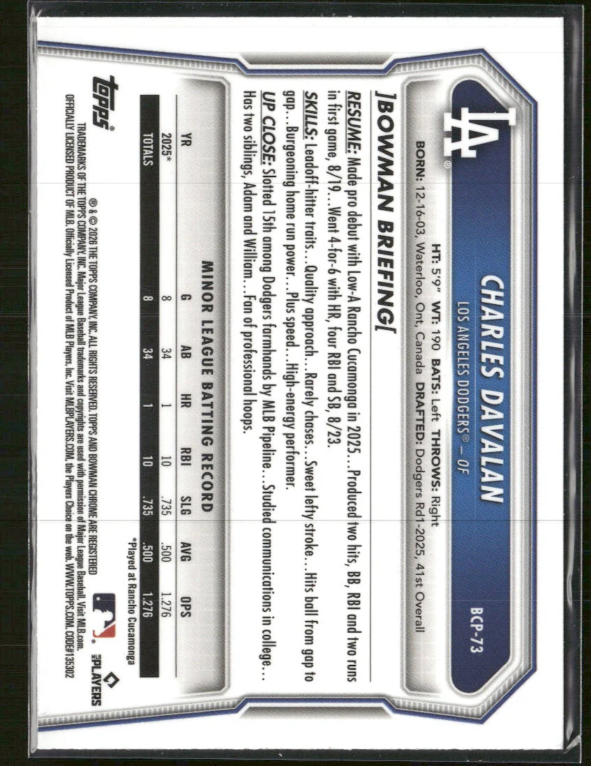 2026 Bowman C Prospects Purple Raywave Refractor Charles Davalan #/250 #BCP-73 - Image 2