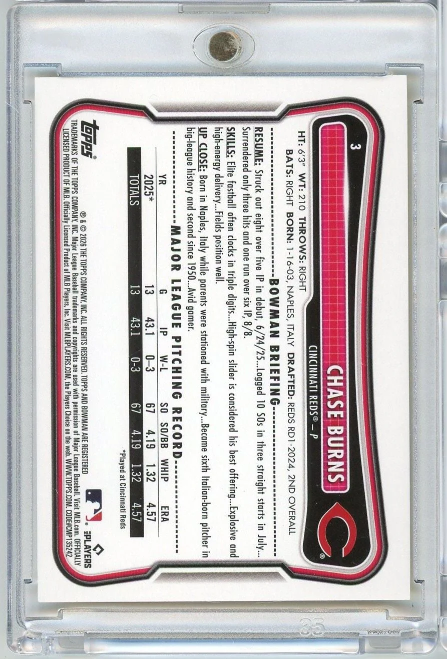 2026 Bowman Chase Burns #3 /75 Yellow Pattern Scorecard Rookie RC Baseball Card - Image 2