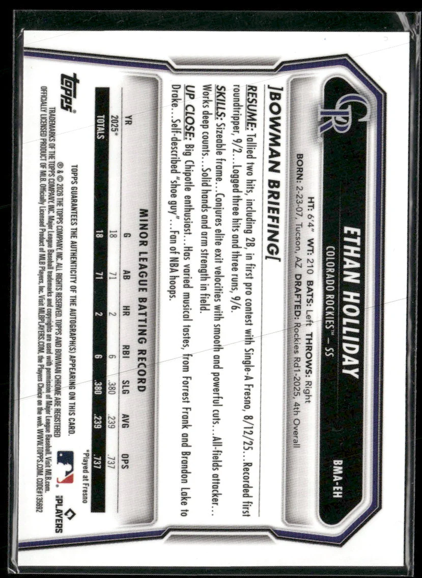 2026 Bowman Chrome Auto Mojo Blue Refractors Ethan Holliday #/150 #BMA-EH - Image 2
