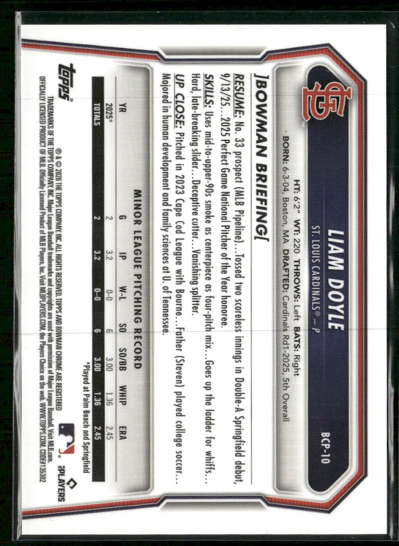 2026 Bowman Chrome Prospects Gold Refractor Liam Doyle #/50 #BCP-10 - Image 2
