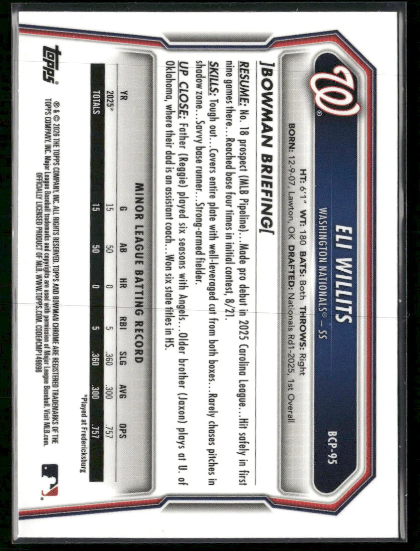 2026 Bowman Chrome Prospects Mojo Fuchsia Refractor Eli Willits #/299 #BCP-95 - Image 2