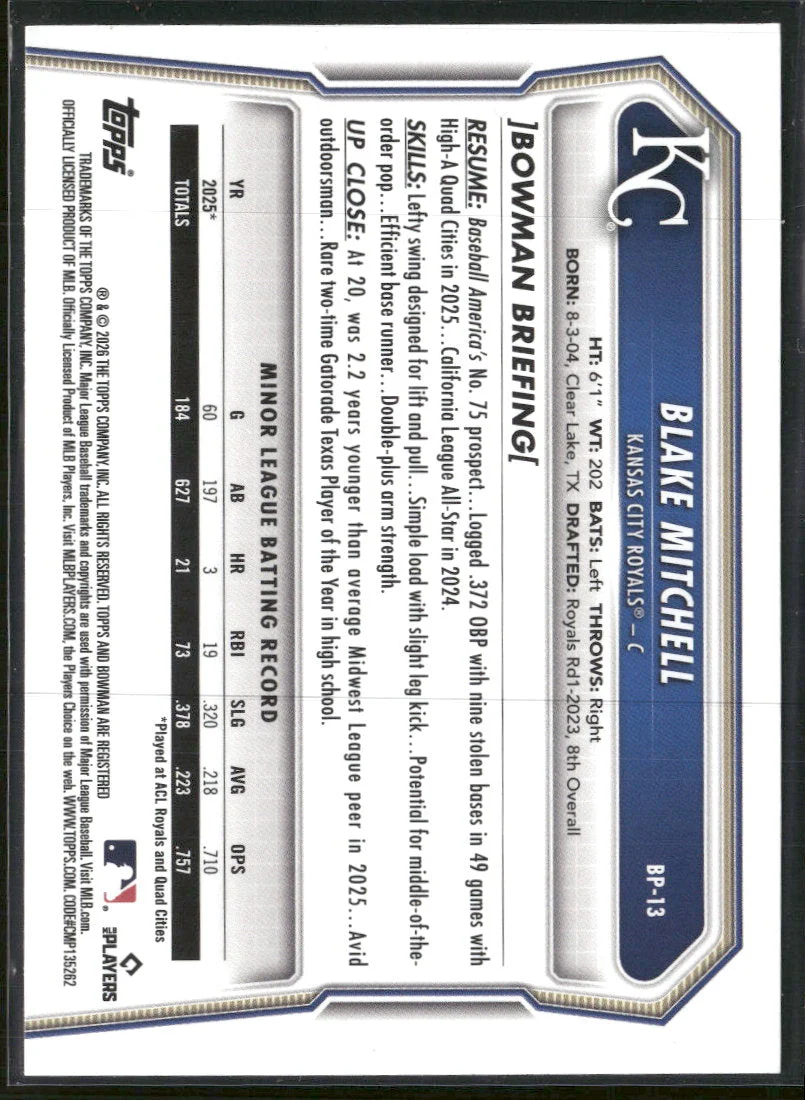2026 Bowman Prospects Purple Blake Mitchell #/250 #BP-13 - Image 2
