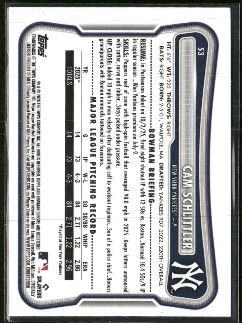 2026 Bowman Rookie Red RC Logo Cam Schlittler Rookie #53 - Image 2