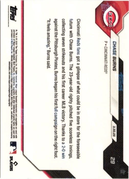 2026 Chase Burns #29 Black Foil /10 Young Fireballer Secures 1st Career MLB Victory Cincinnati Reds Rookie RC Baseball Card - Image 2
