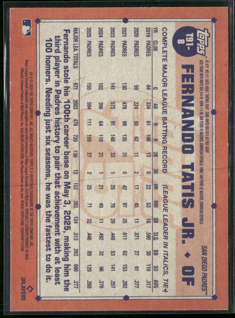 2026 Topps 1991 Baseball Black Fernando Tatis Jr. #/10 #T91-8 - Image 2