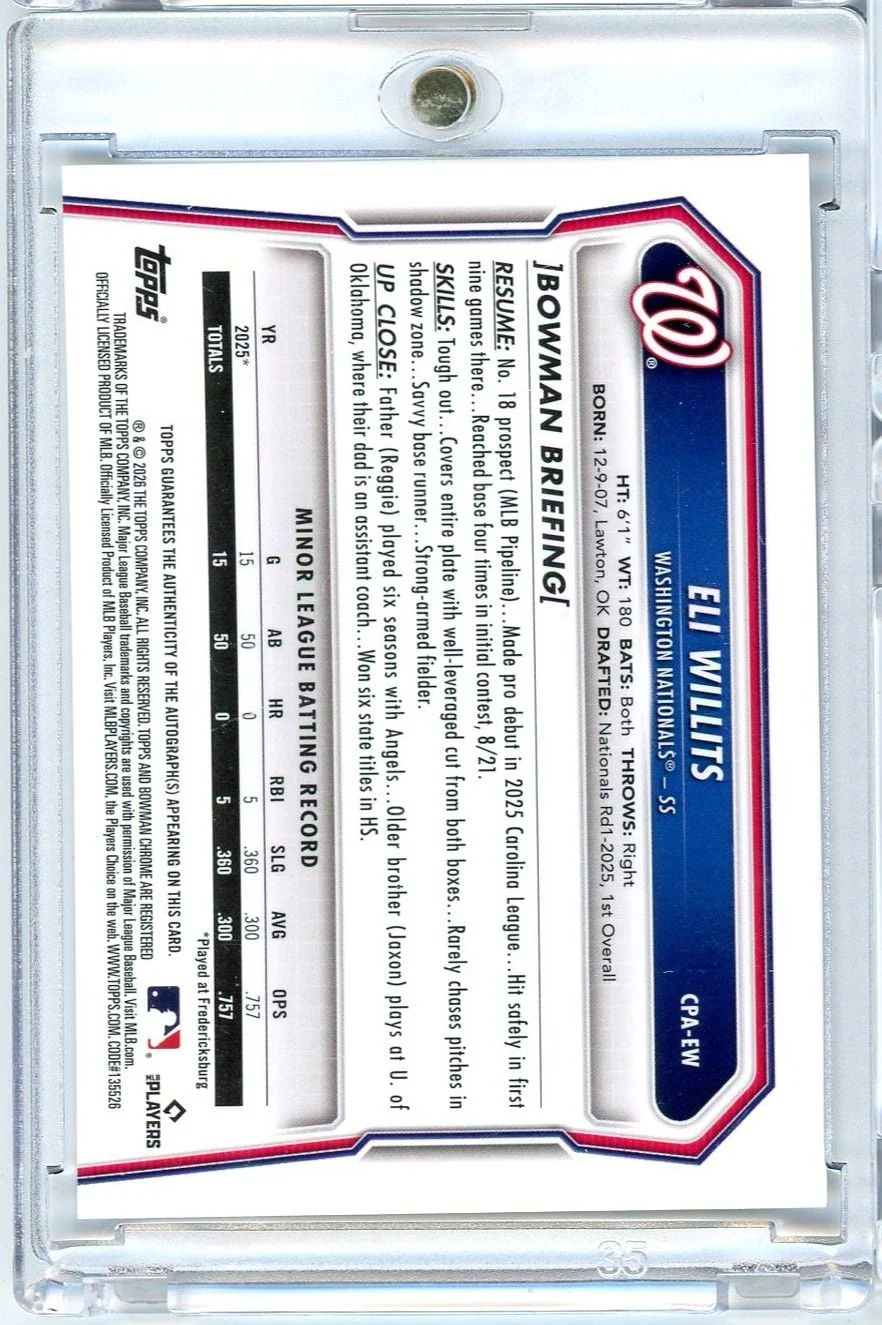 2026 Topps Bowman Chrome Eli Willits #CPAEW Auto Rookie RC Baseball Card - Image 2