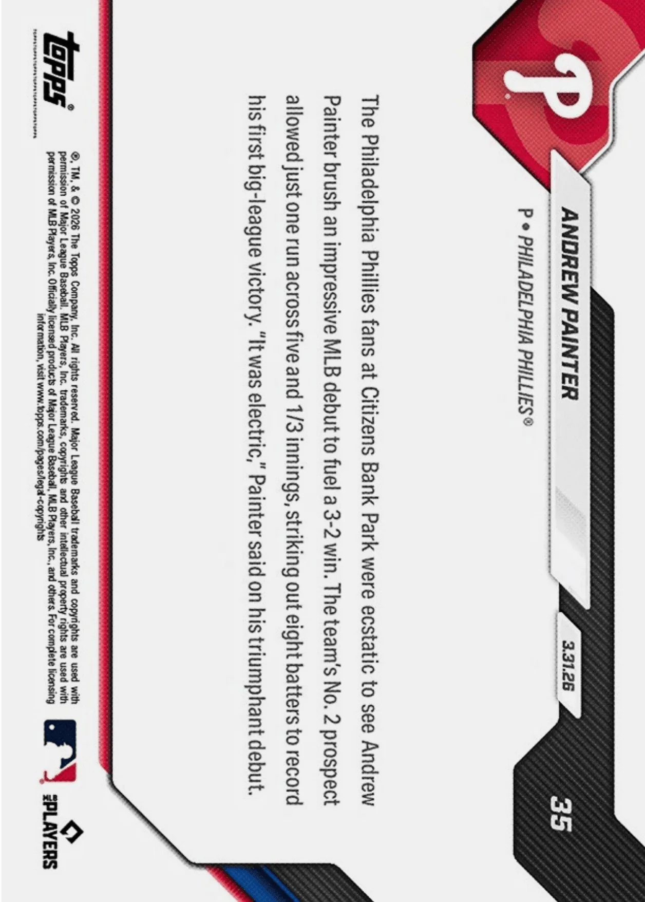 2026 Topps Now Andrew Painter #35 Gold Foil /50 Club Top Pitching Prospect Dazzles in MLB Debut Philadelphia Phillies Rookie RC Baseball Card - Image 2
