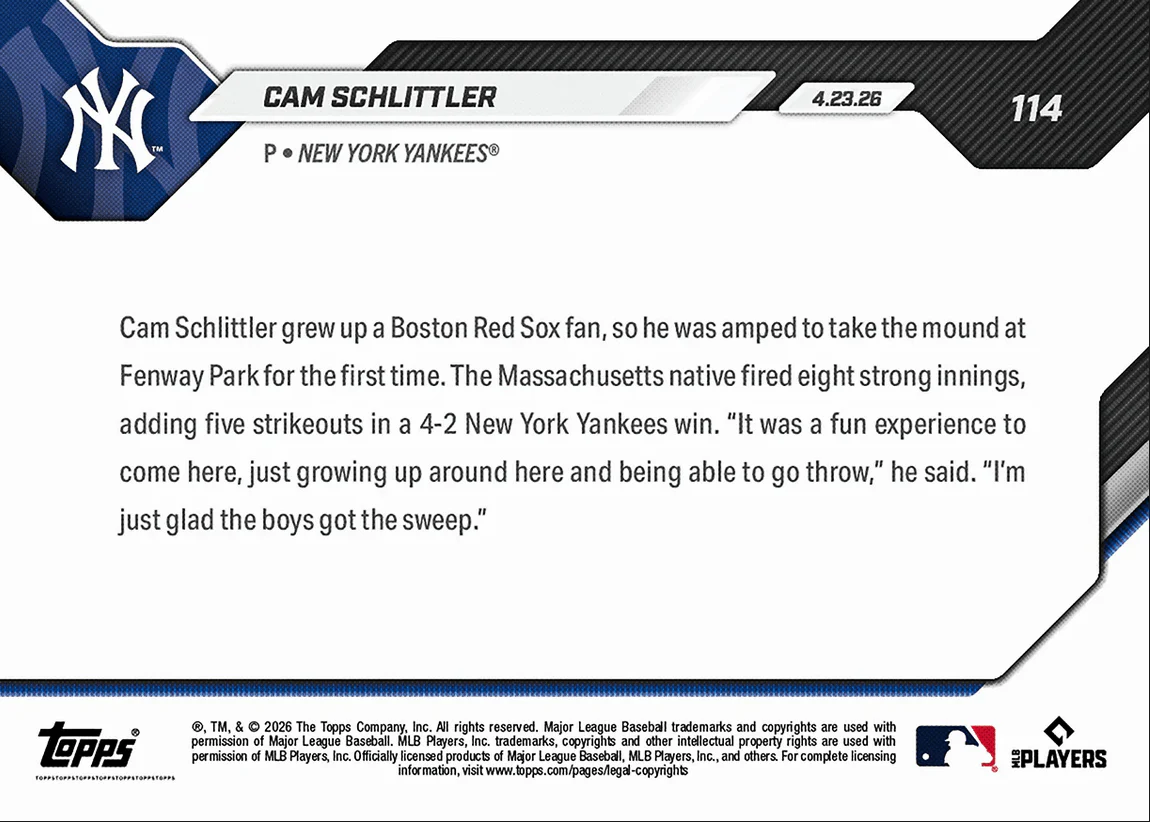 2026 Topps Now Cam Schlittler #114 Mass. Native Fires 8IP in Sweep Over Red Sox New York Yankees Rookie RC Baseball Card - Image 2