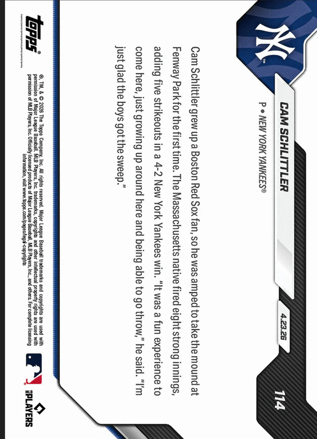 2026 Topps Now Cam Schlittler #114 Orange Foil /25 Mass. Native Fires 8IP in Sweep Over Red Sox New York Yankees Rookie RC Baseball Card - Image 2