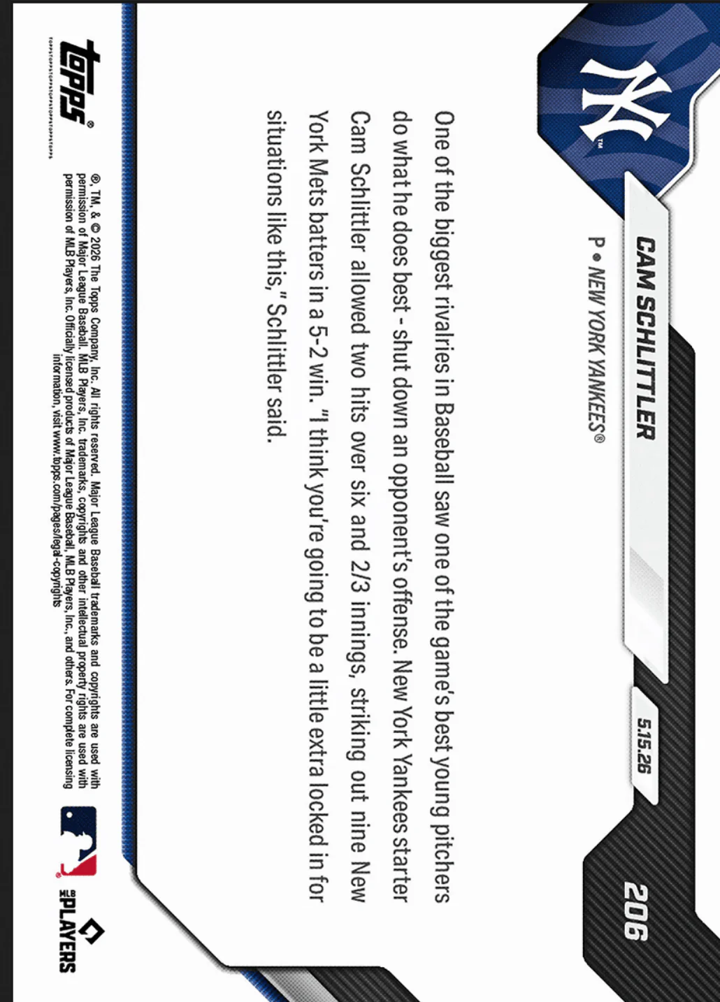 2026 Topps Now Cam Schlittler #206 Black Foil /10 Dazzles with 9Ks in Winning Subway Series Debut New York Yankees Rookie RC Baseball Card - Image 2