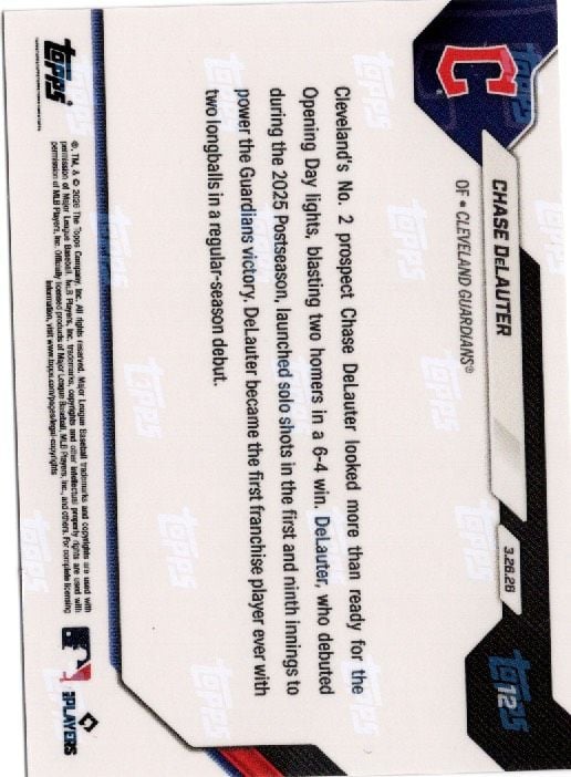 2026 Topps Now Chase DeLauter #12 Black Foil /10 2 Home Run Regular Season Debut Writes Club History Cleveland Guardians Rookie RC Baseball Card - Image 2