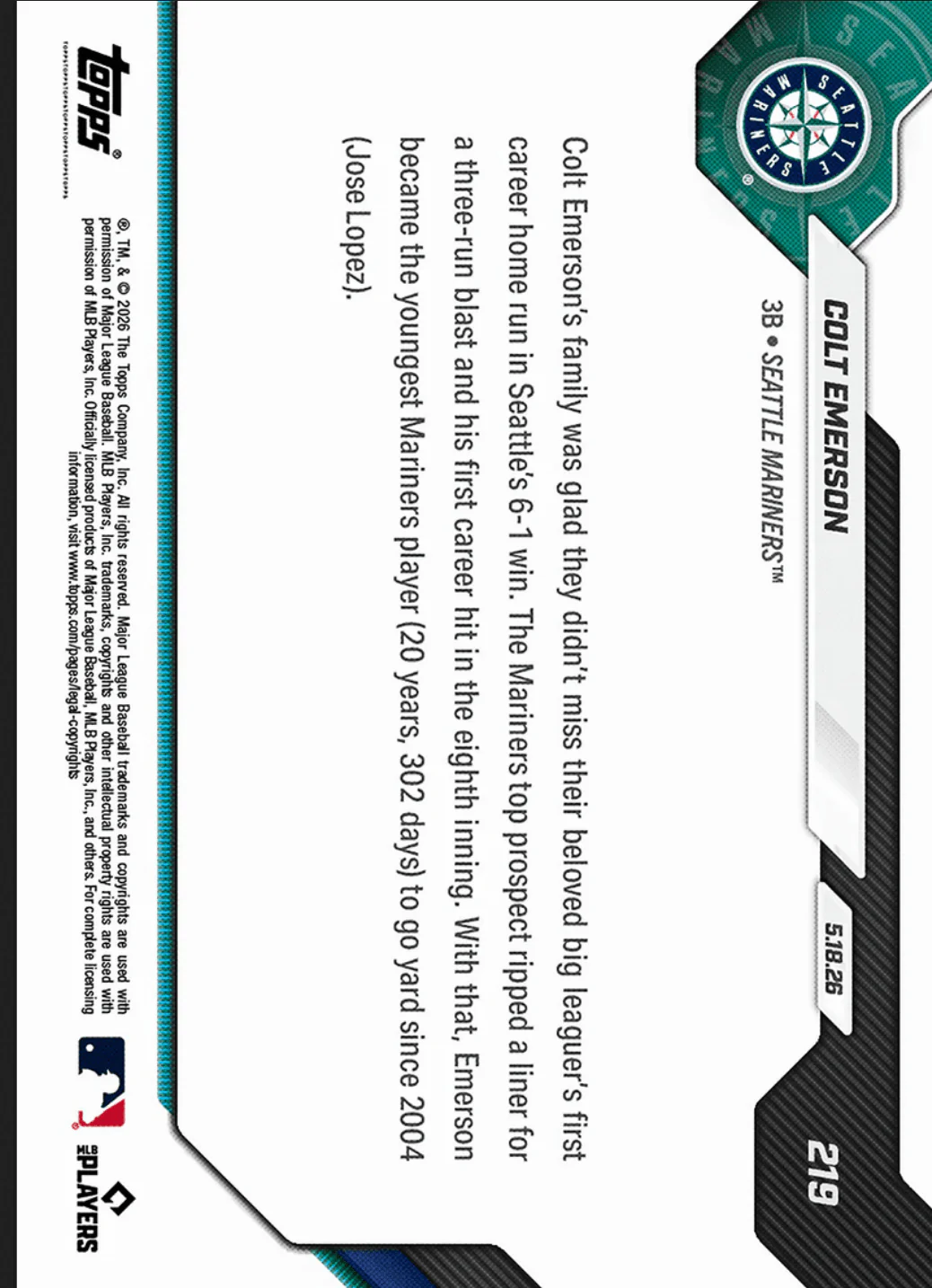 2026 Topps Now Colt Emerson #219 Orange Foil /25 1st MLB Hit is 3 Run Home Run For Number 1 Prospect Seattle Mariners Rookie RC Baseball Card - Image 2