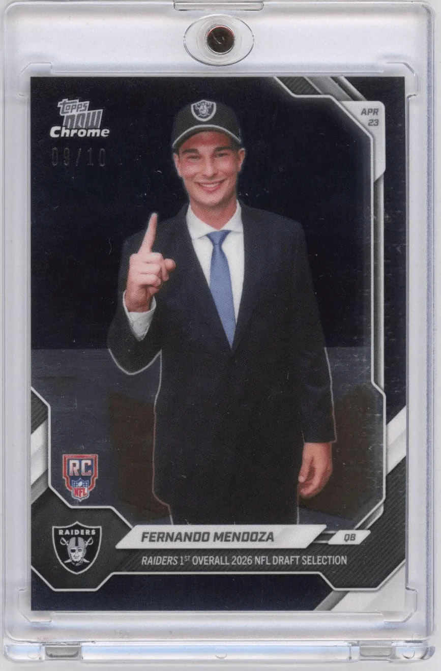 2026 Topps Now Fernando Mendoza #FMEN Black Chrome /10 Raiders 1st Overall 2026 NFL Draft Selection Las Vegas Raiders Rookie RC Football Card