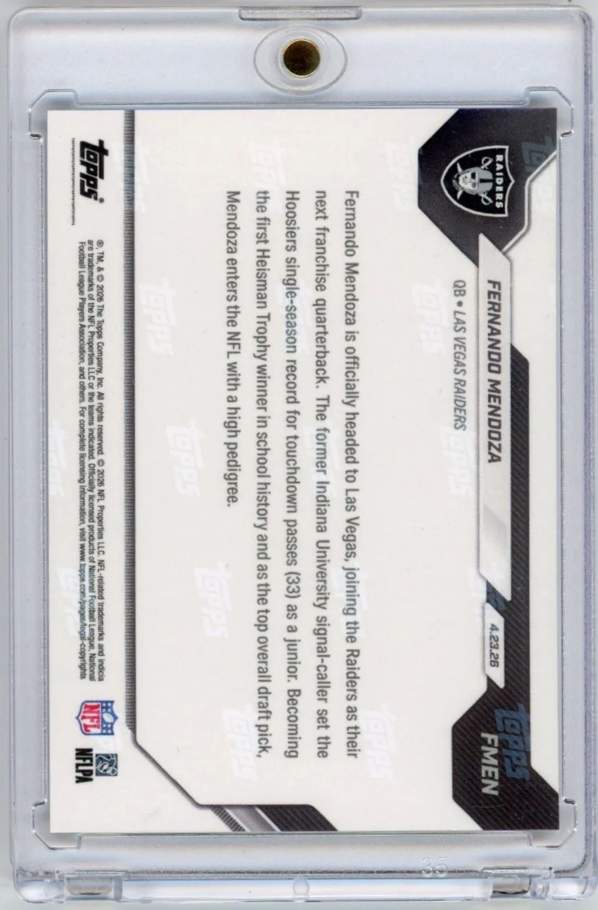 2026 Topps Now Fernando Mendoza #FMEN Gold Foil /50 Raiders 1st Overall 2026 NFL Draft Selection Las Vegas Raiders Rookie RC Football Card - Image 2