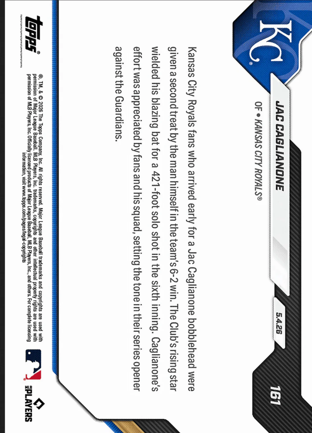 2026 Topps Now Jac Caglianone #161 Orange Foil /25 Blazing Bat Shines with Home Run on Bobblehead Night Kansas City Royals Rookie RC Baseball Card - Image 2