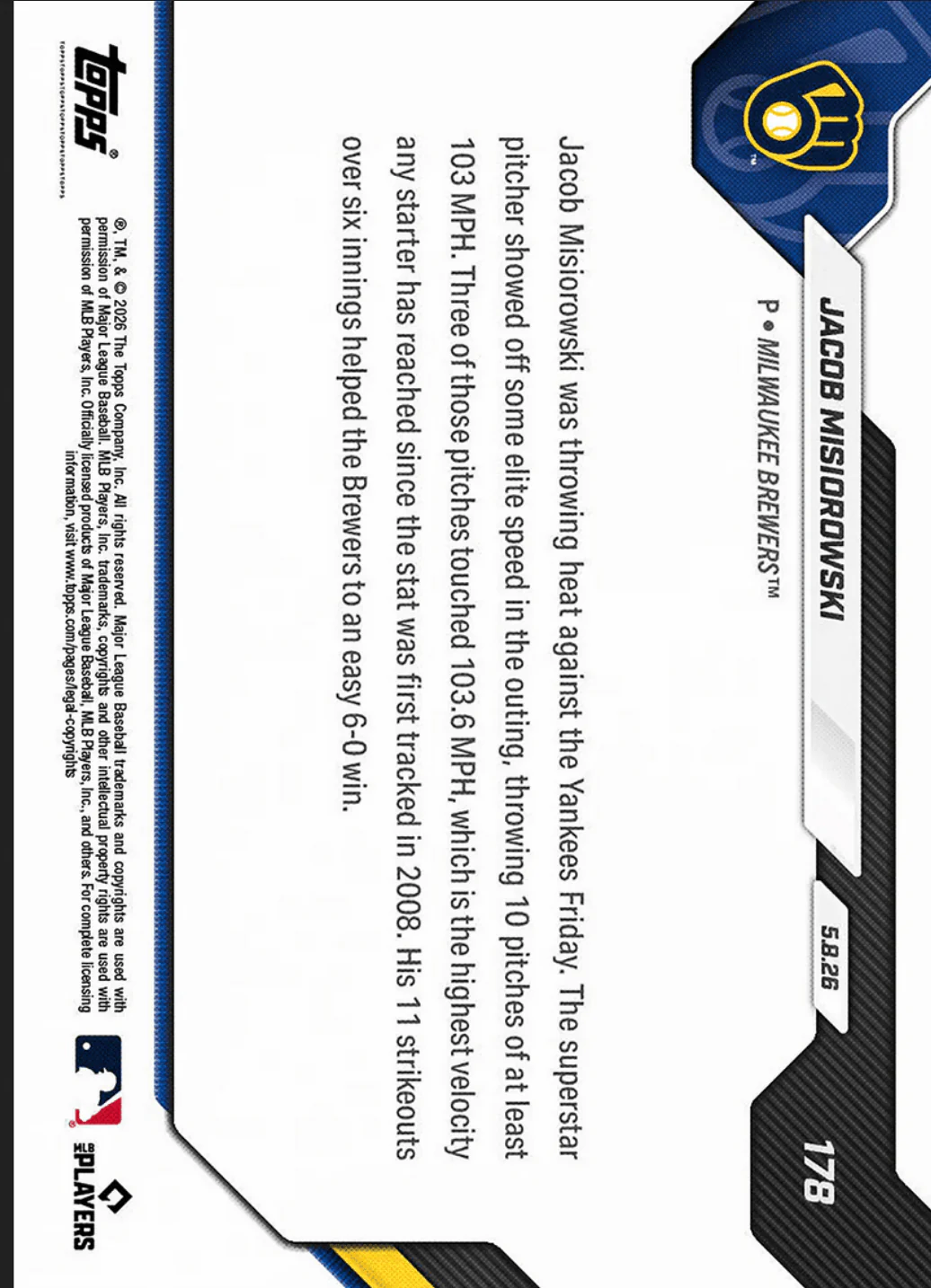 2026 Topps Now Jacob Misiorowski #178 Red Foil /5 103+ MPH Heat Lights Up Radar Gun At Record Pace Milwaukee Brewers Rookie RC Baseball Card - Image 2