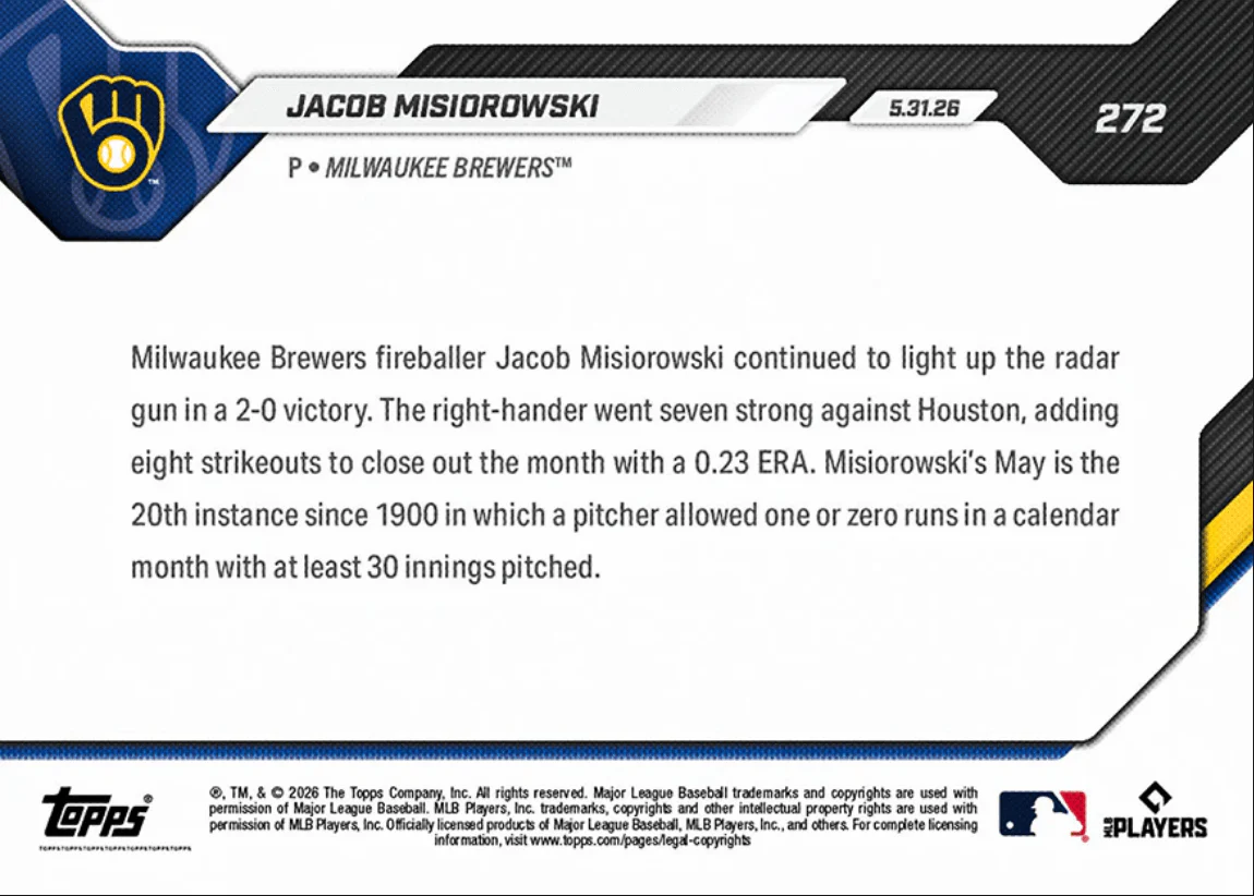 2026 Topps Now Jacob Misiorowski #272 Scoreless Start Closes May with 0.23 ERA Milwaukee Brewers Rookie RC Baseball Card - Image 2
