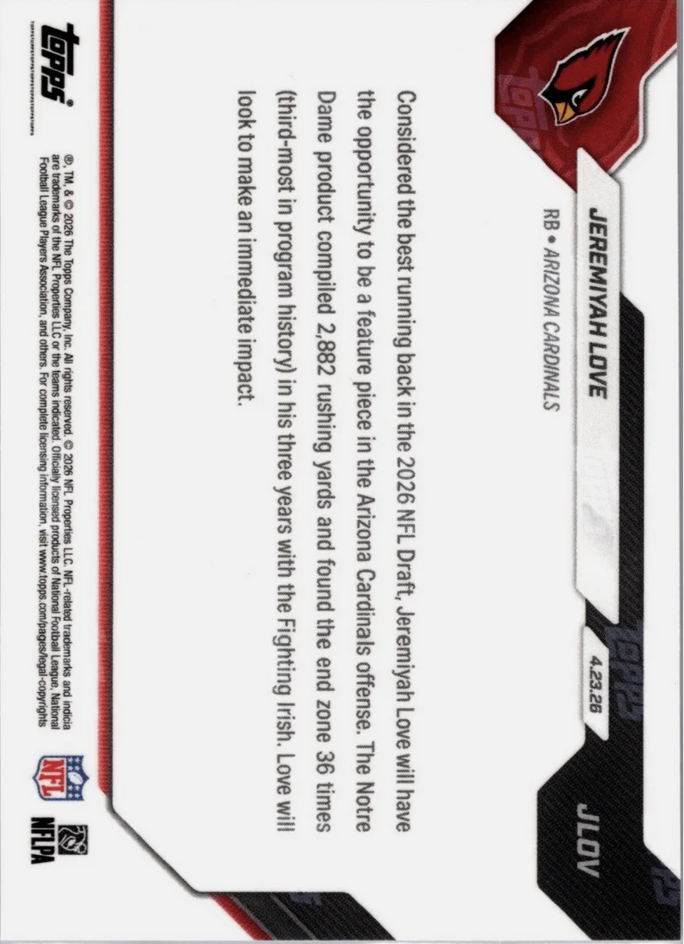 2026 Topps Now Jeremiyah Love #JLOV Orange Foil /25 Cardinals 3rd Overall 2026 NFL Draft Selection Arizona Cardinals Rookie RC Football Card - Image 2