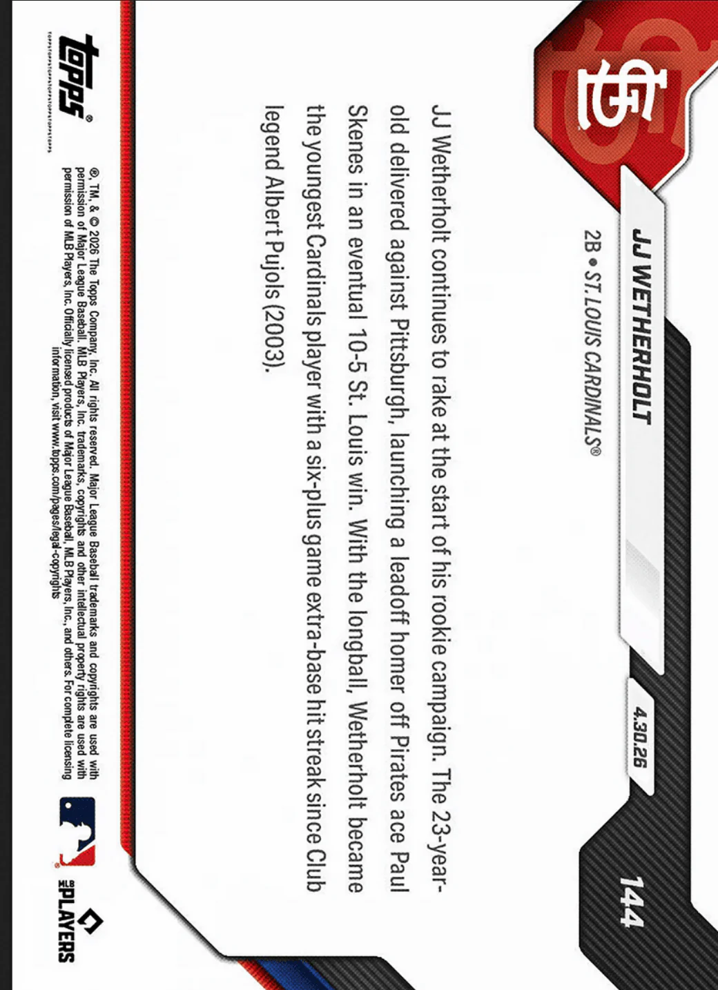 2026 Topps Now JJ Wetherholt #144 Black Foil /10 Leadoff Blast Cements Cardinals XBH Lore St Louis Cardinals Rookie RC Baseball Card - Image 2