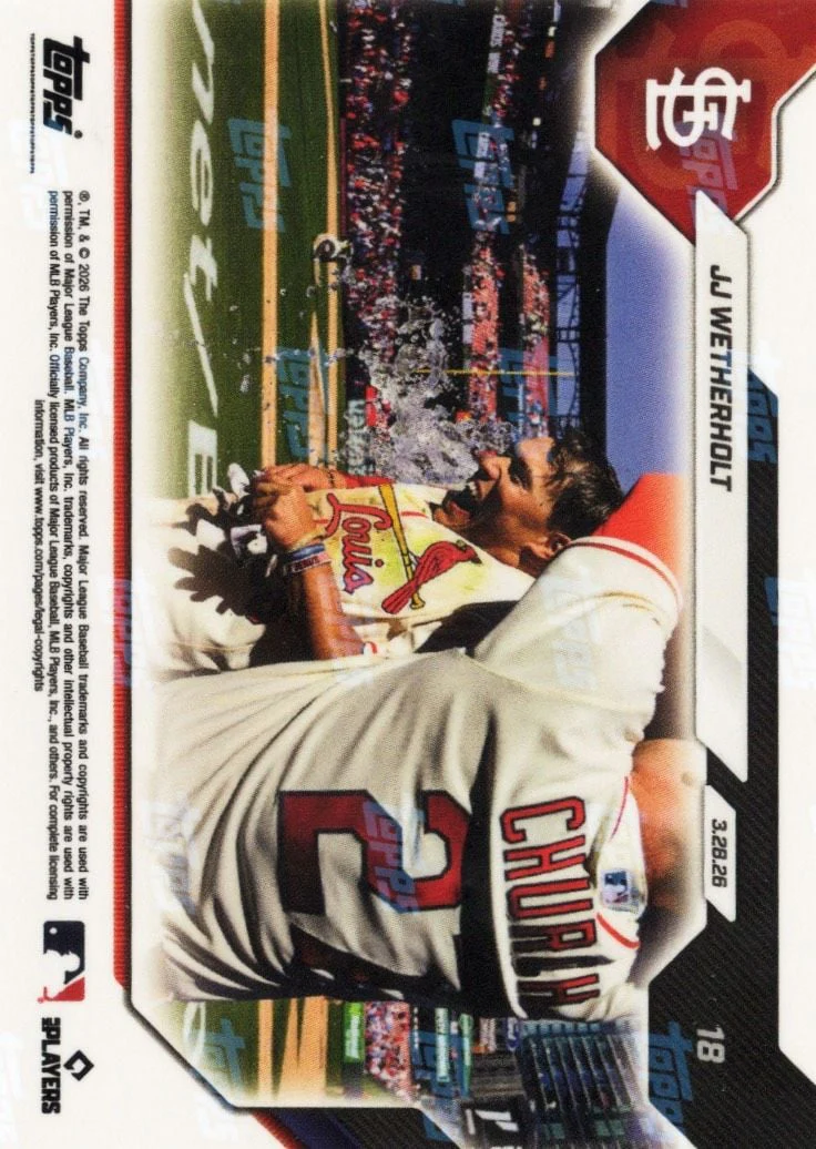 2026 Topps Now JJ Wetherholt #18 Gold Foil /50 Walk Off Hit Logs Club History Not Seen Since '85 St Louis Cardinals Rookie RC Baseball Card - Image 2