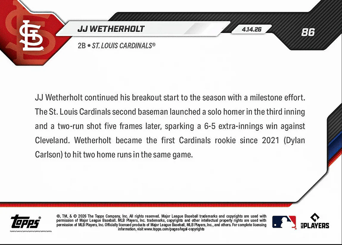 2026 Topps Now JJ Wetherholt #86 1st MLB Multi HR Game Propels Extra Innings Win St Louis Cardinals Rookie RC Baseball Card - Image 2