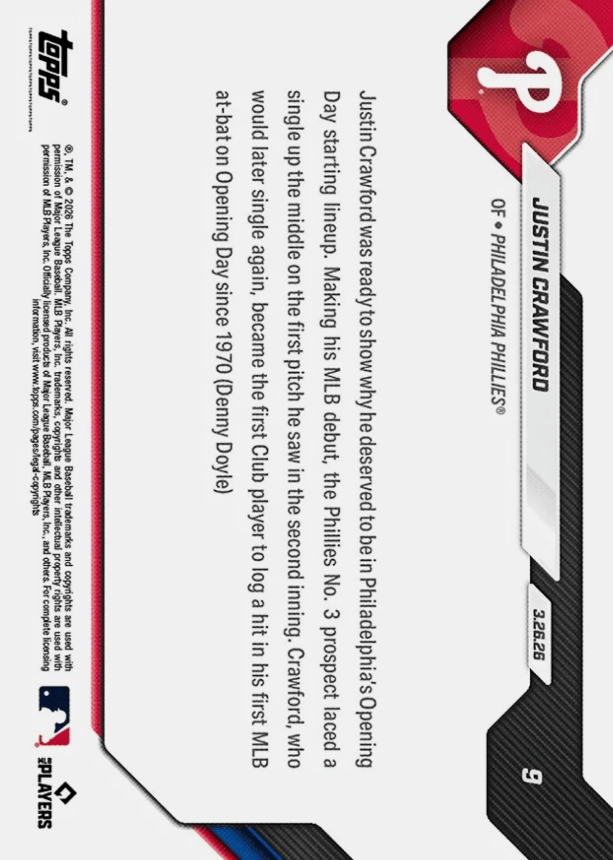 2026 Topps Now Justin Crawford #39 Gold Foil /50 Youngest Club Player with Walk Off Hit Since '97 Philadelphia Phillies Rookie RC Baseball Card - Image 2