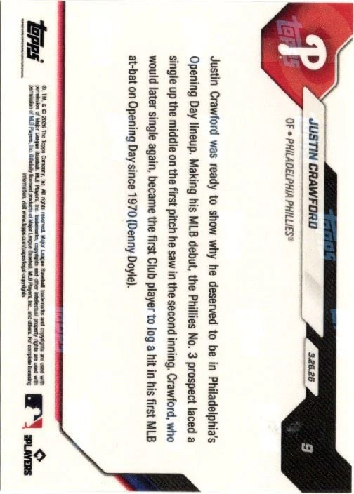 2026 Topps Now Justin Crawford #9 Black Foil /10 1st Hit in 1st At Bat Logs Team Opening Day History Philadelphia Phillies Rookie RC Baseball Card - Image 2