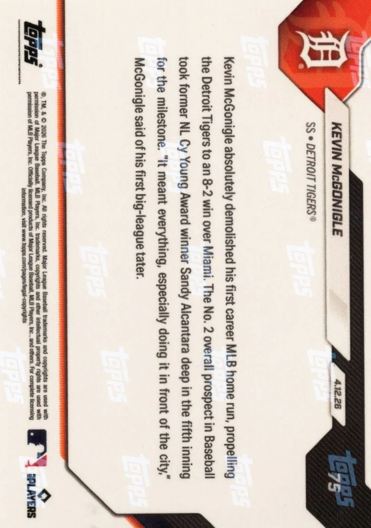 2026 Topps Now Kevin McGonigle #75 Black Foil /10 Blasts 1st Carer MLB Home Run in Series Sweep Detroit Tigers Rookie RC Baseball Card - Image 2