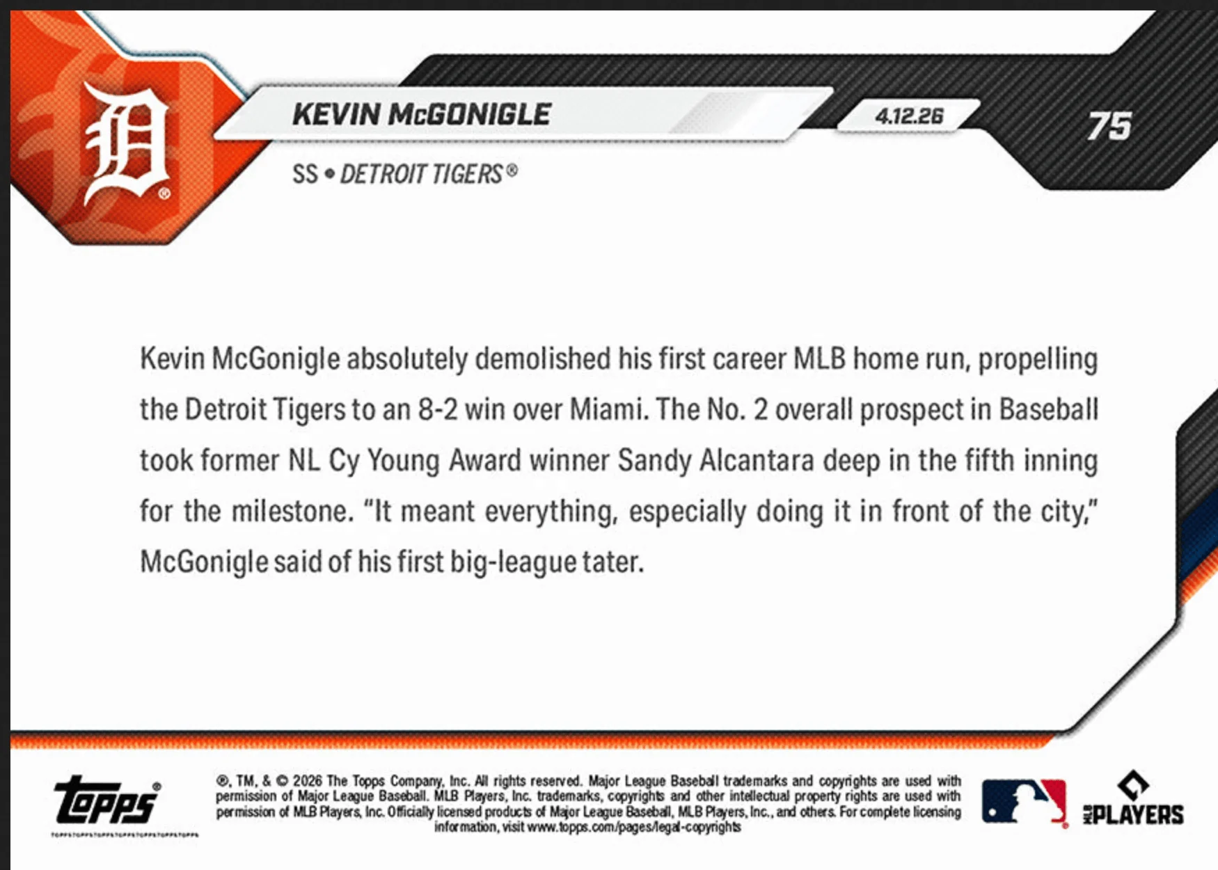2026 Topps Now Kevin McGonigle #75 Blasts 1st Career MLB HR in Series Sweep Detroit Tigers Rookie RC Baseball Card - Image 2