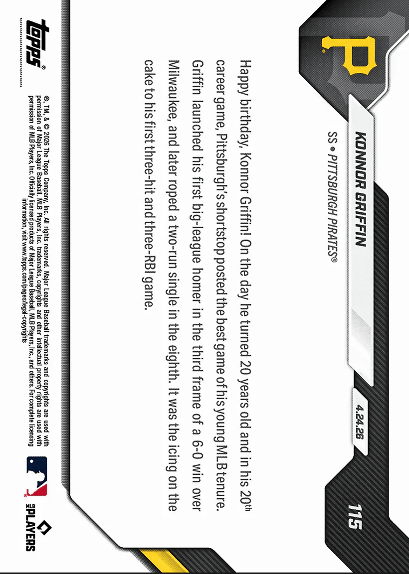 2026 Topps Now Konnor Griffin #115 Birthday Bash! Clubs 1st MLB Home Run on 20th Birthday Pittsburgh Pirates Rookie RC Baseball Card - Image 2