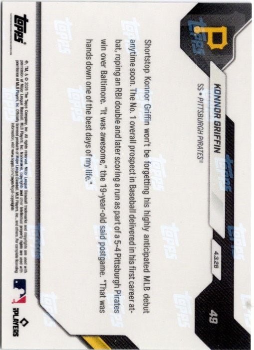 2026 Topps Now Konnor Griffin #49 Green Chrome /99 19 Year Old Top Prospects 1st MLB At Bat is RBI Double Pittsburgh Pirates Rookie RC Baseball Card - Image 2