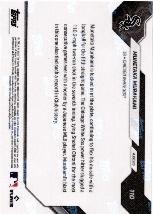 2026 Topps Now Munetaka Murakami #110 Black Foil /10 5th Straight Game with Home Run Ties Ohtanis Mark Chicago White Sox Rookie RC Baseball Card - Image 2