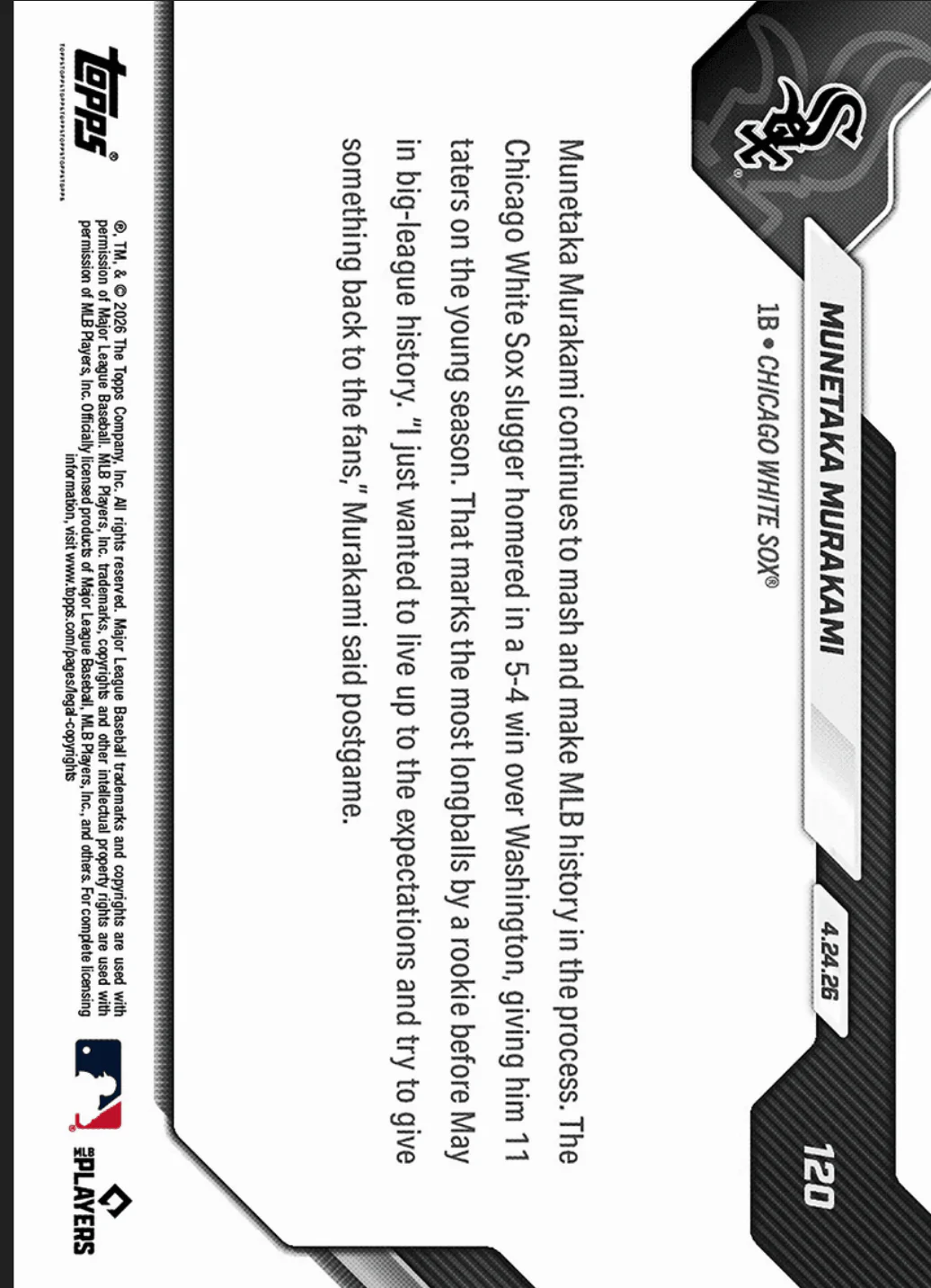 2026 Topps Now Munetaka Murakami #120 Gold Foil /50 11 Home Runs Are Most By Rookie Before May in MLB Lore Chicago White Sox Rookie RC Baseball Card - Image 2