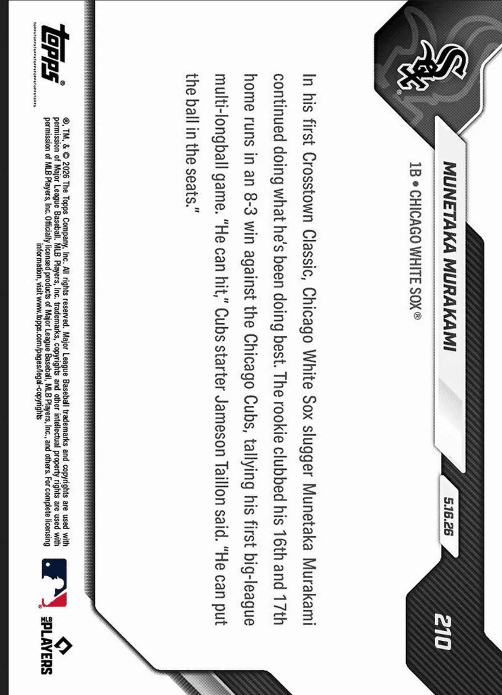 2026 Topps Now Munetaka Murakami #210 Gold Foil /50 1st Multi Home Run Game Comes in Rivalry Victory Chicago White Sox Rookie RC Baseball Card - Image 2