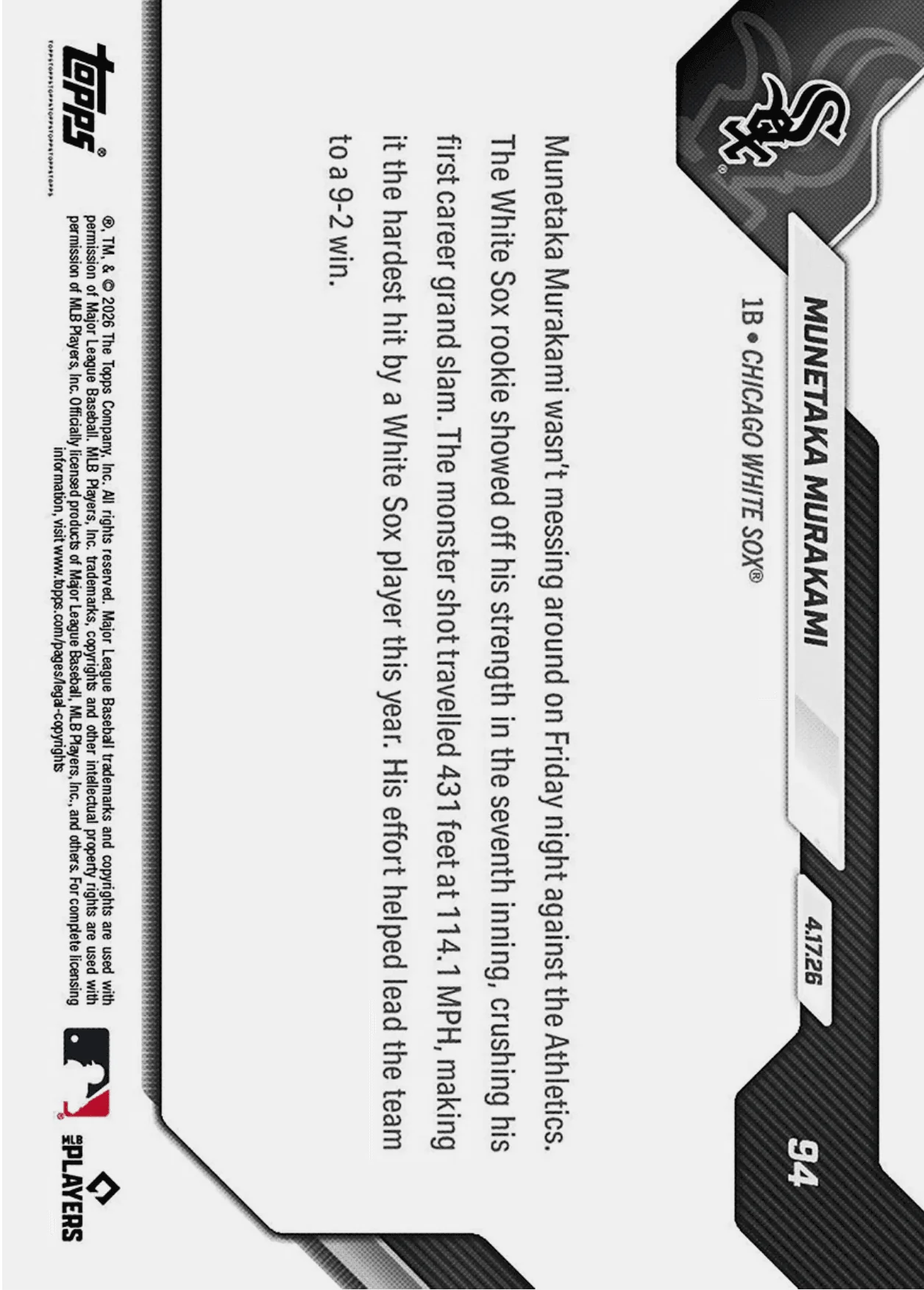 2026 Topps Now Munetaka Murakami #94 Orange Foil /25 Smashes 1st Career Grand Slam 114.1 MPH Chicago White Sox Rookie RC Baseball Card - Image 2