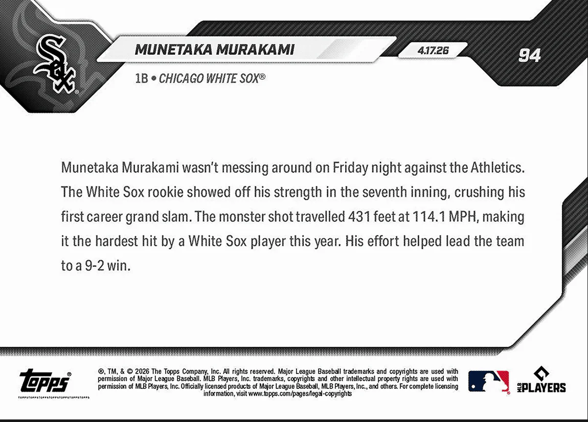 2026 Topps Now Munetaka Murakami #94 Smashes 1st Career Grand Slam 114.1 MPH Chicago White Sox Rookie RC Baseball Card - Image 2